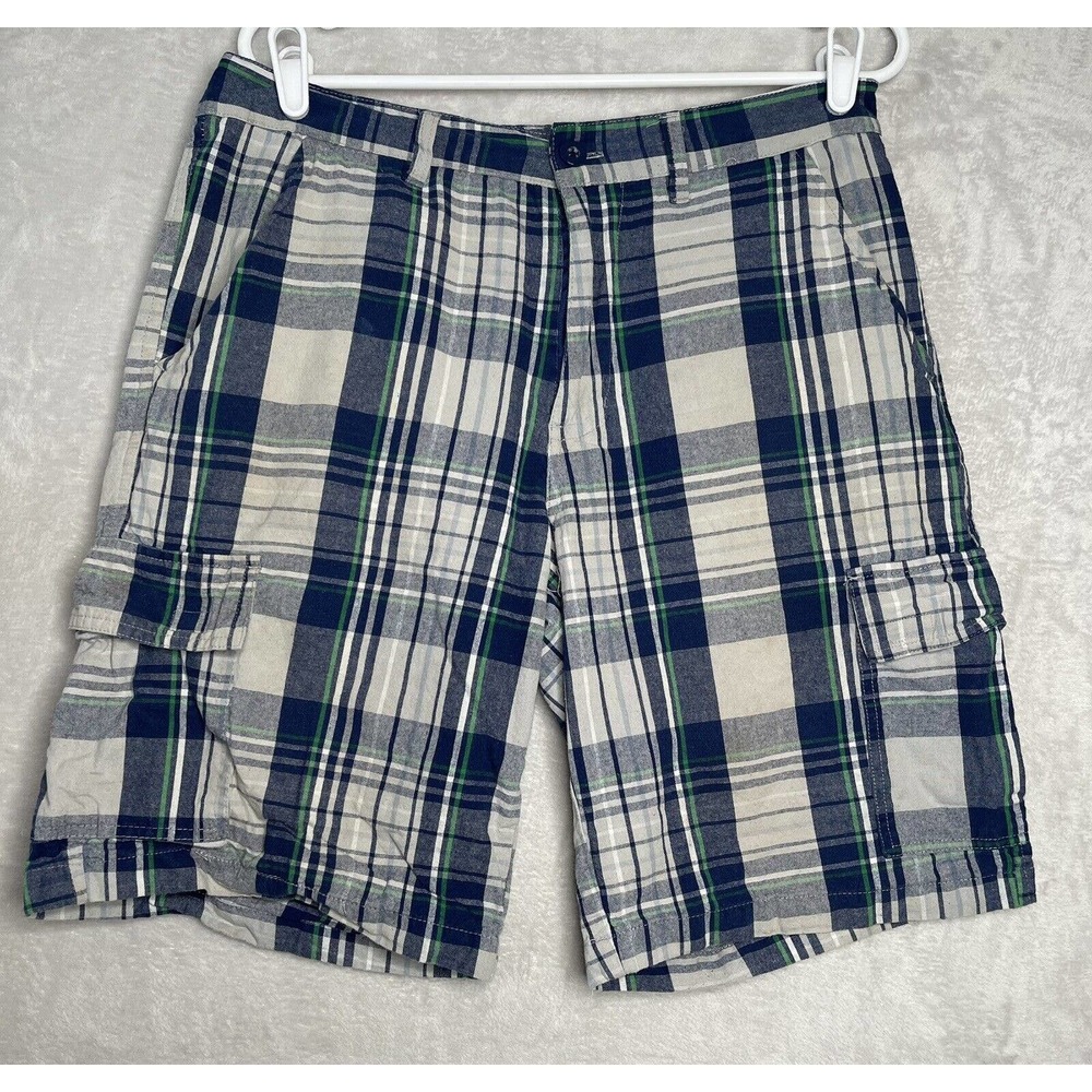 OT REVOLUTION Men's 34 Blue White Green Plaid 100% Cotton Cargo Pocket Shorts